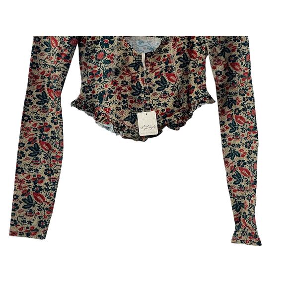 FREE PEOPLE TOP WOMENS XSMALL MELANIE FLORAL LONG SLEEVE STRETCH SHIRT SAND - Picture 9 of 12